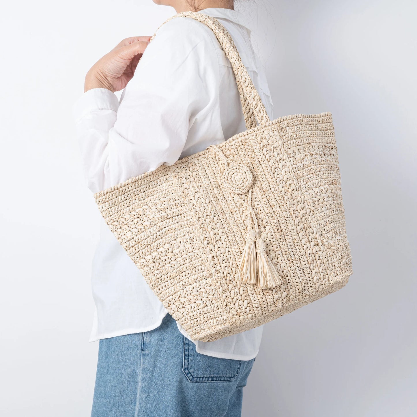 Hand Crochet Raffia Bag - TASSEL (Beige)