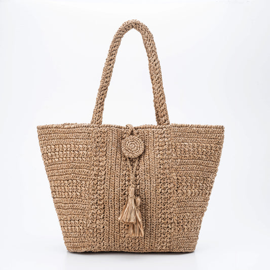 Hand Crochet Raffia Bag - TASSEL (Chocolate)
