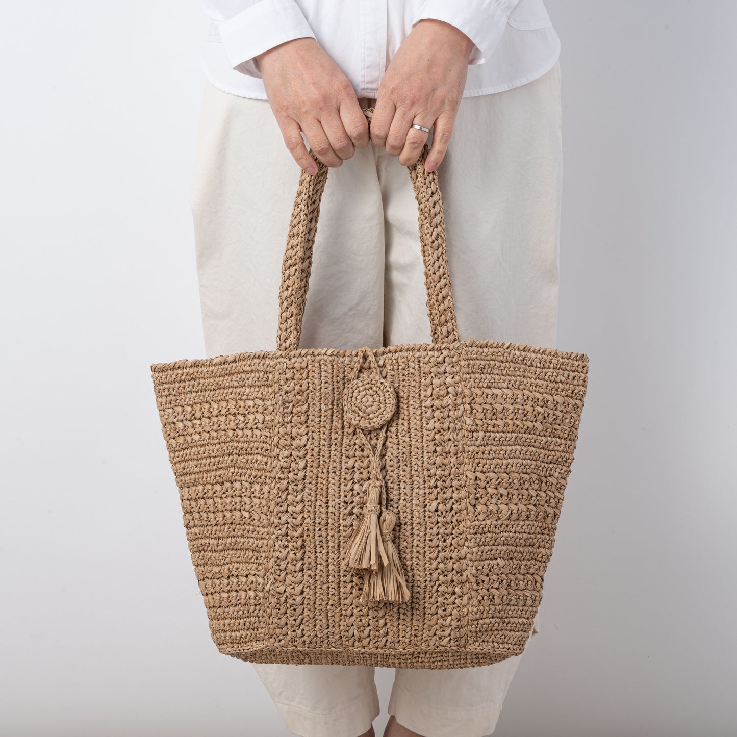 Hand Crochet Raffia Bag - TASSEL (Chocolate)