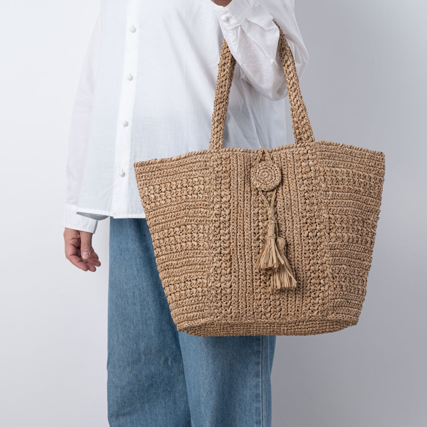 Hand Crochet Raffia Bag - TASSEL (Chocolate)