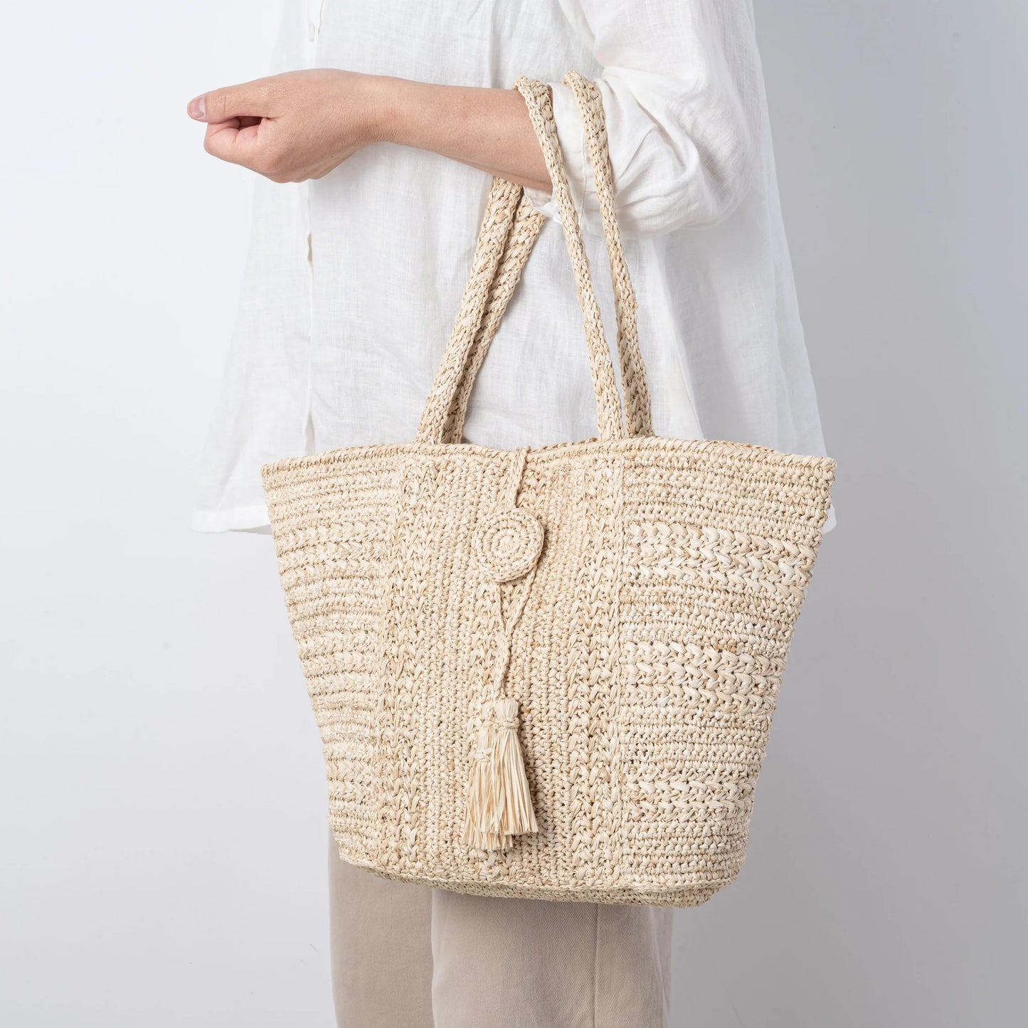 Hand Crochet Raffia Bag - TASSEL (Beige)