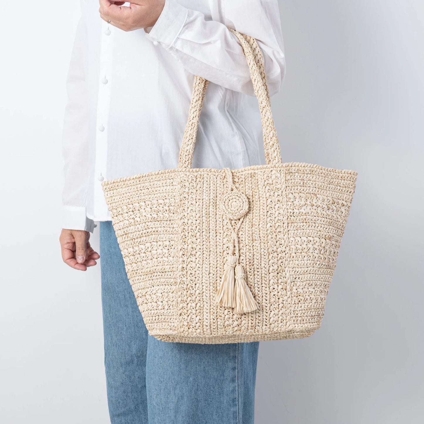 Hand Crochet Raffia Bag - TASSEL (Beige)